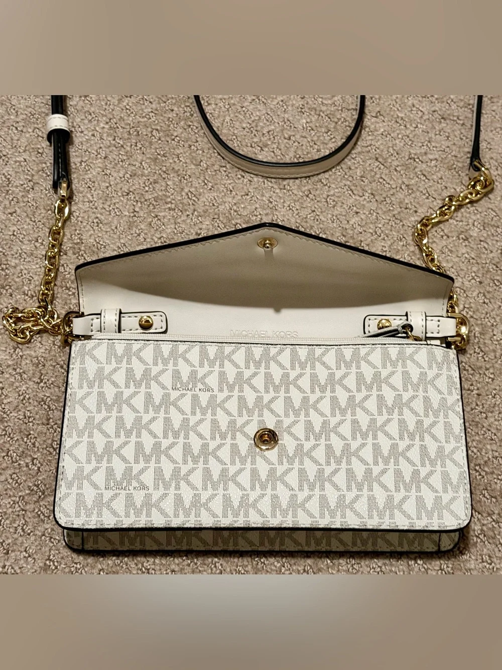 Michael Kors White and Light Gray Signature Crossbody Wallet